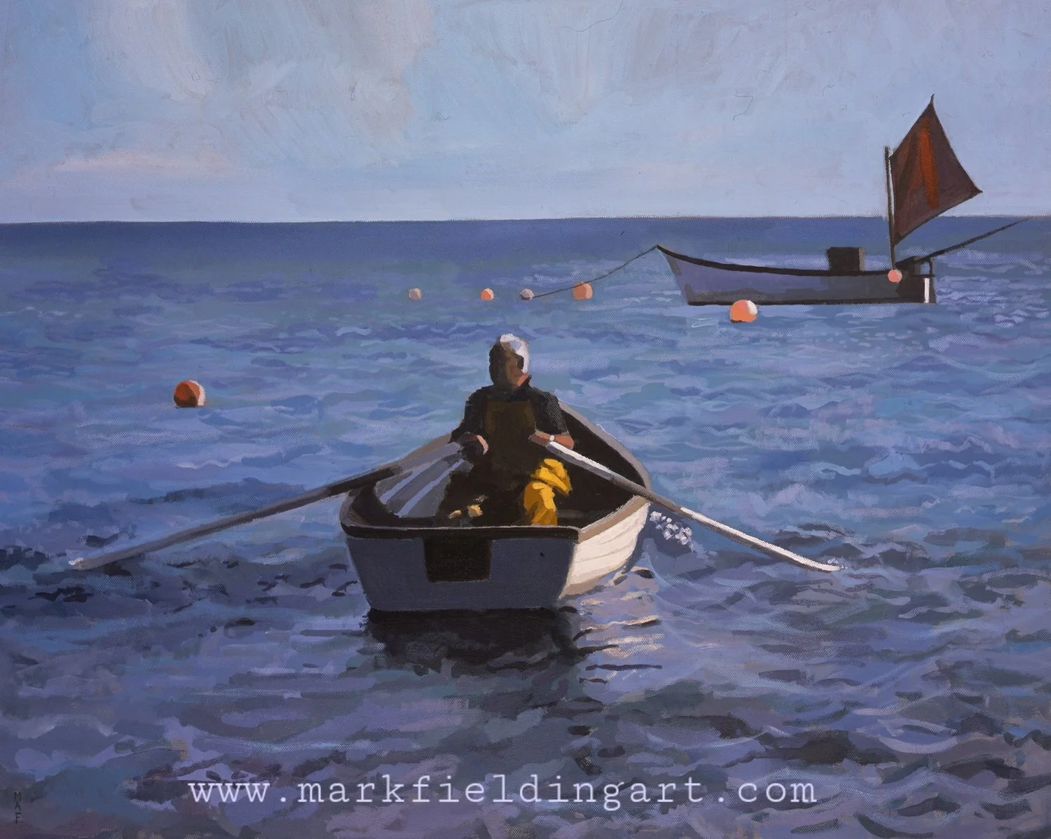 'Setting out, Cornwall'   Sea view with fishing boat signed art print on paper