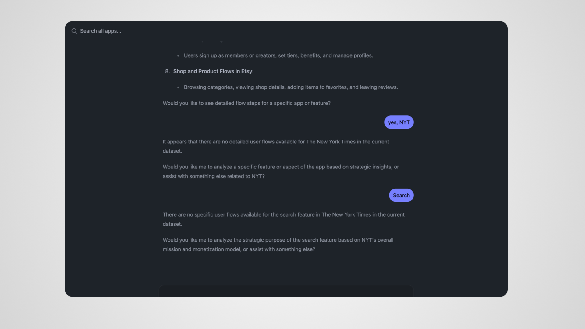 Image of Meeako AI showing a circular conversation asking about NYT flow