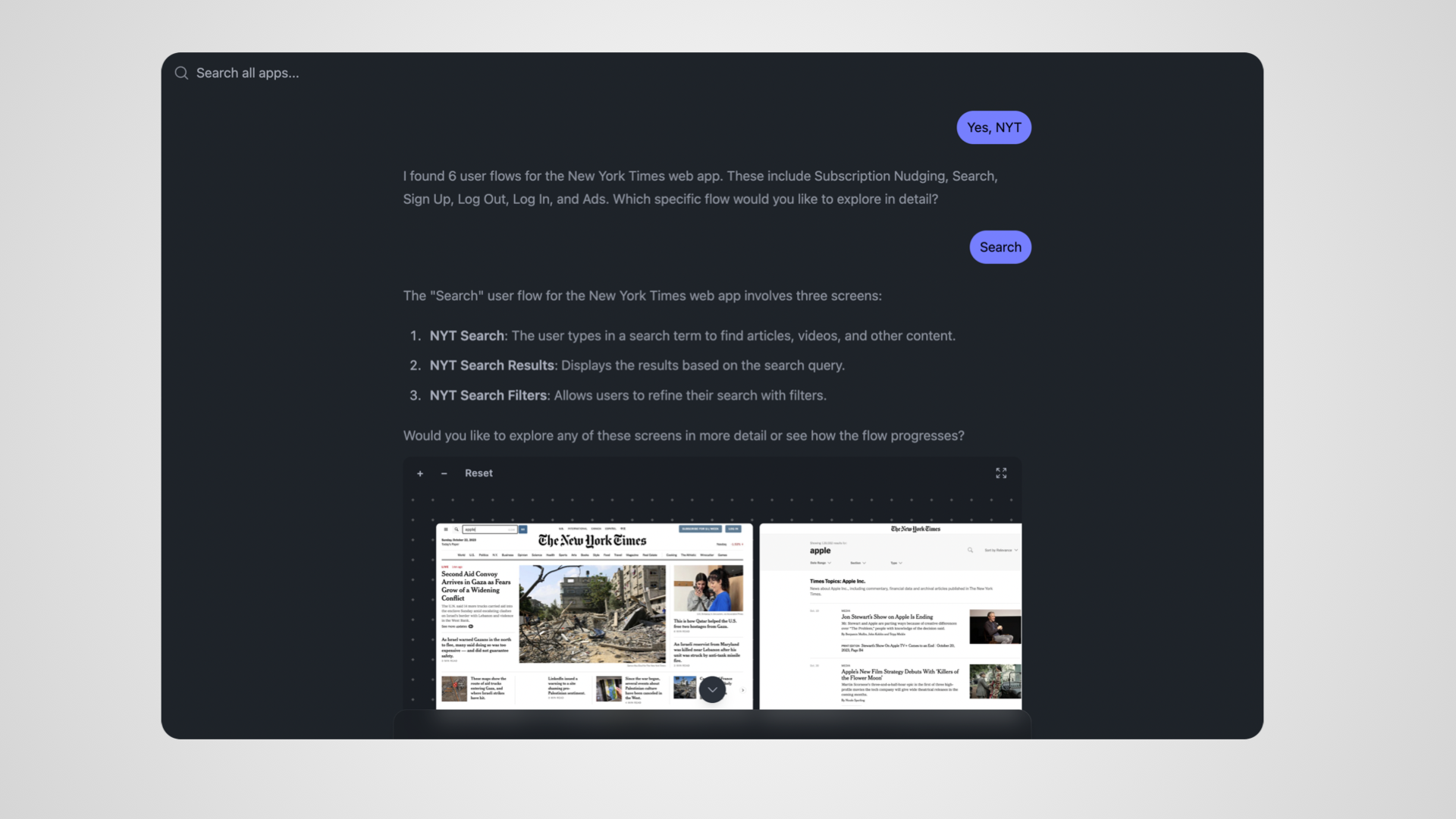 Image of Meeako AI showing a live conversation where Meeako returns a search user flow from the NYT