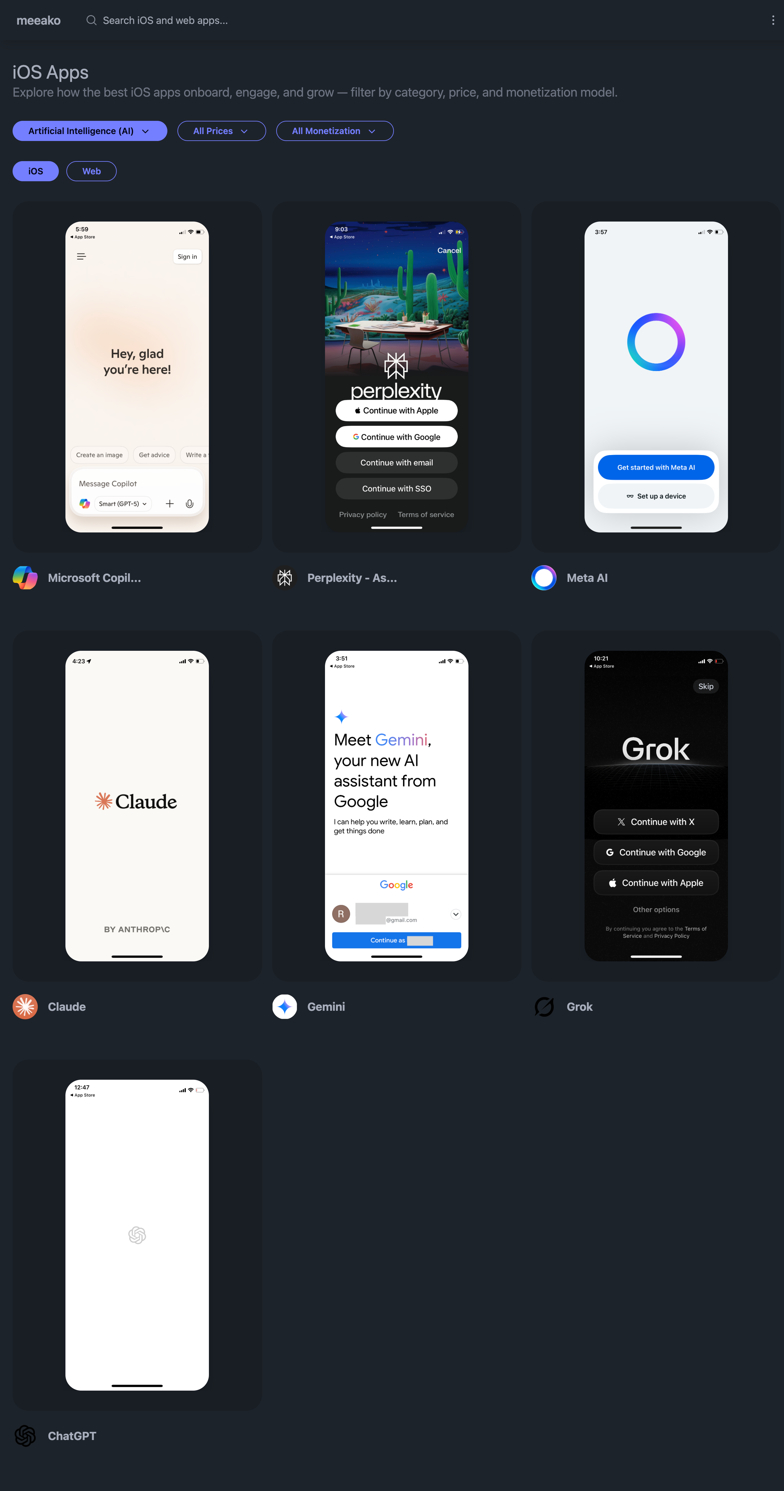 Eight AI apps analyzed in Meeako — Bard, ChatGPT, Grok, Gemini, Claude, Meta AI, Perplexity, Copilot