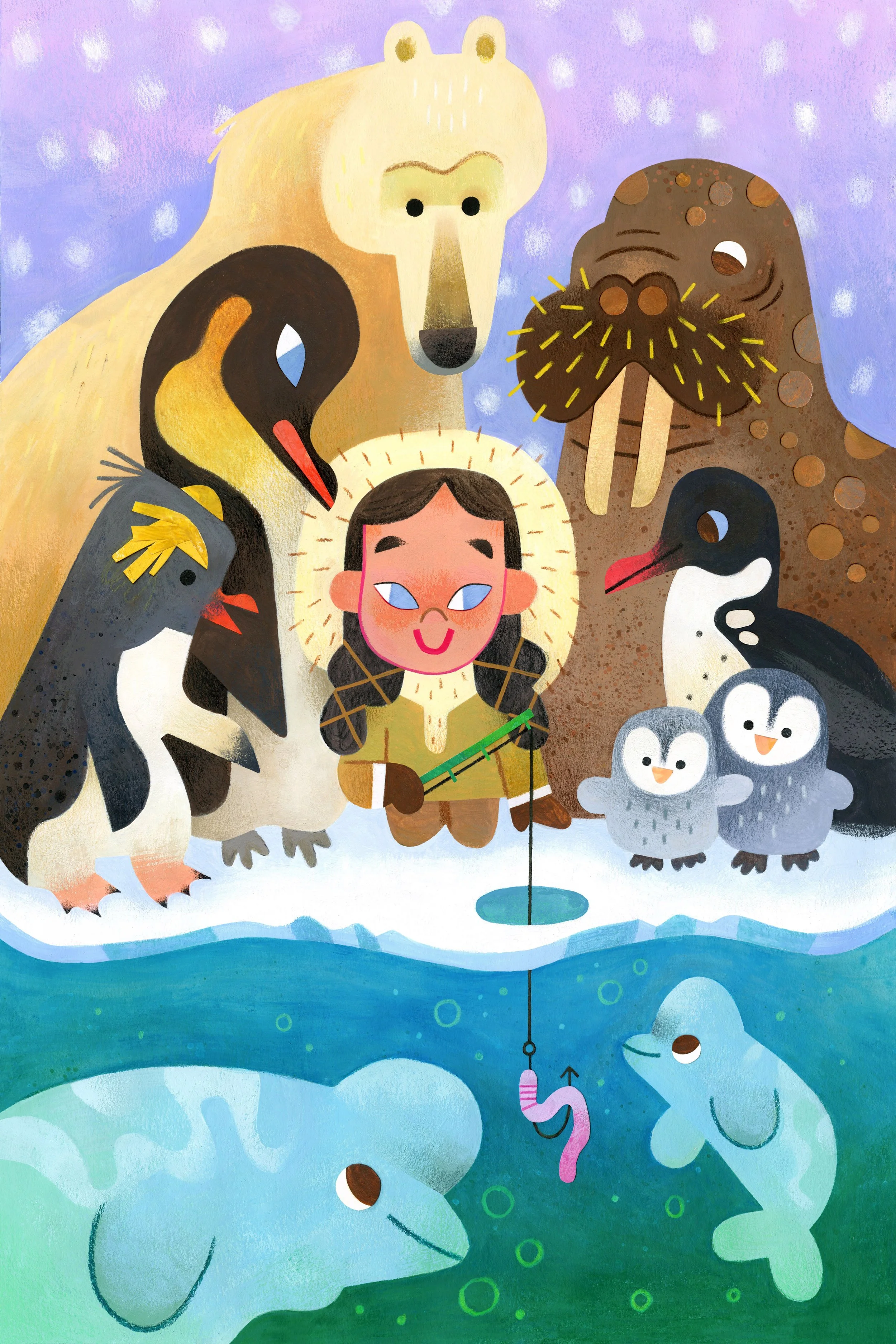 young eskimo Inuit girl ice fishing surrounded by her arctic animal friends. A polar bear character design, penguin character design, walrus character design. Collage and cut paper gouache illustration for children's books, picture books, kid lit art