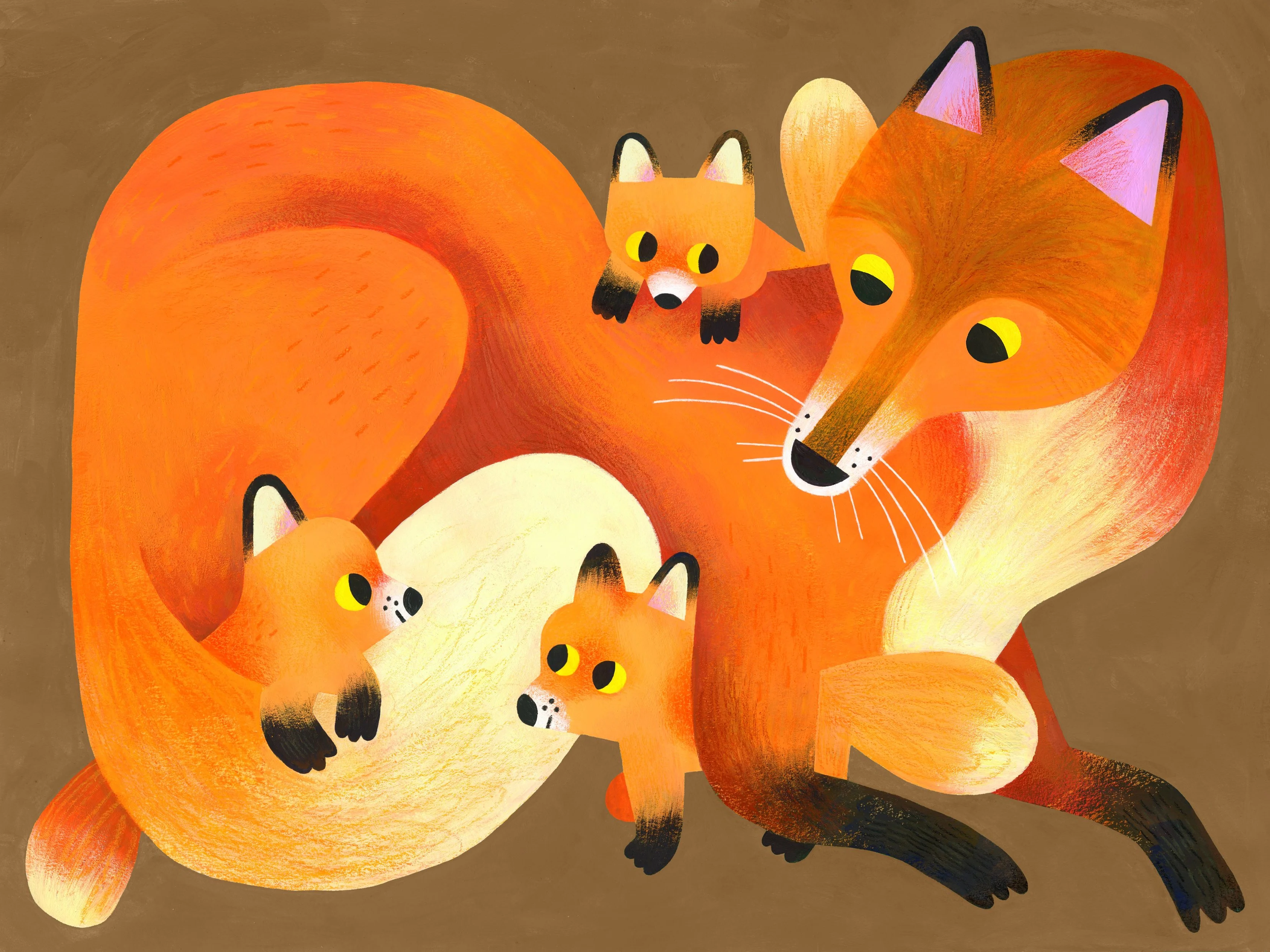 A picture book children's book character design illustration of a mother fox with her babies. A gouache painting of a cute fox family suitable for picture books, or a Childs nursery wall art.