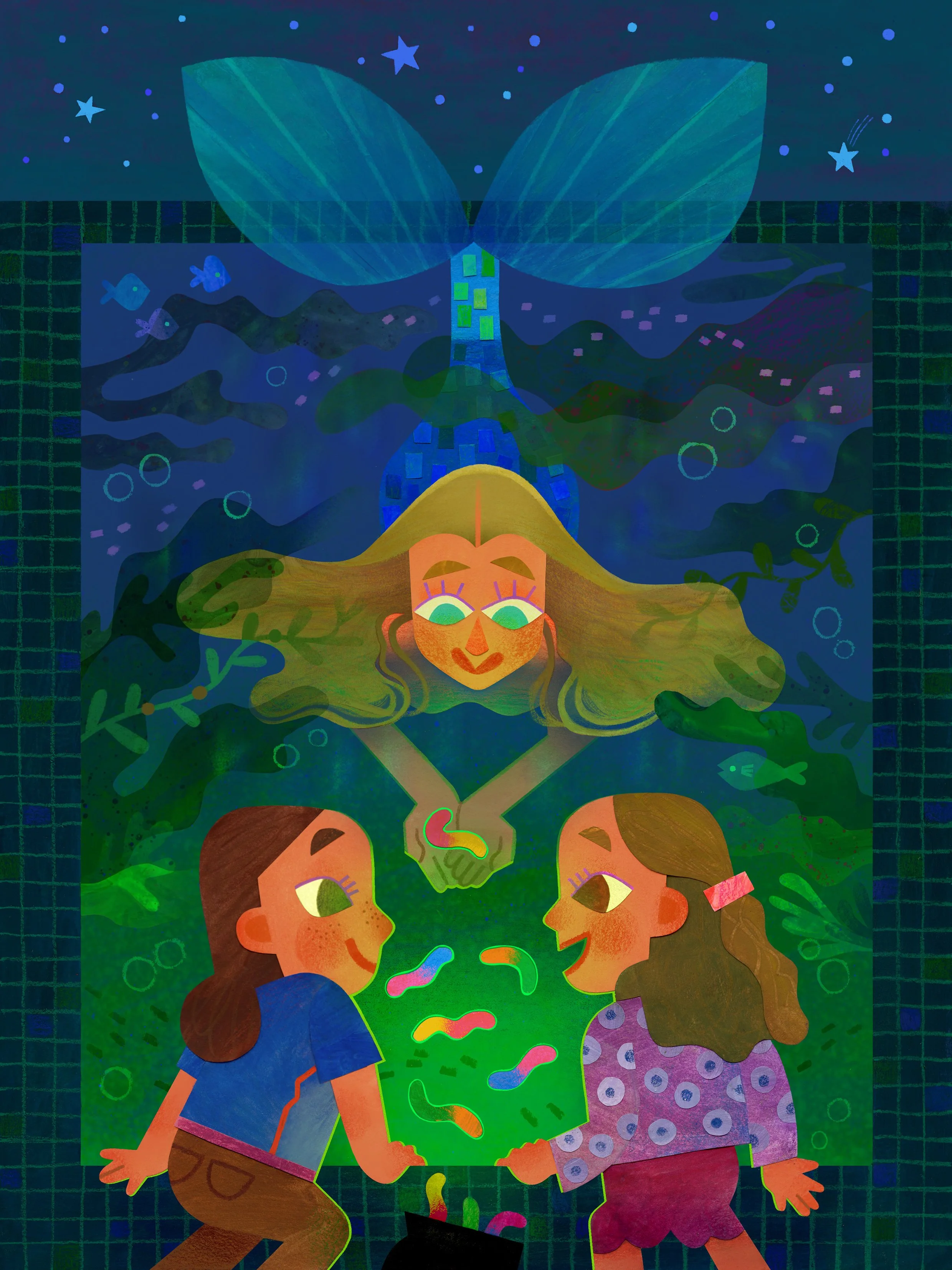 Aquamarine Fan Art Illustration. Mermaid in pool at night. Children's book art picture book illustration, mermaid illustration