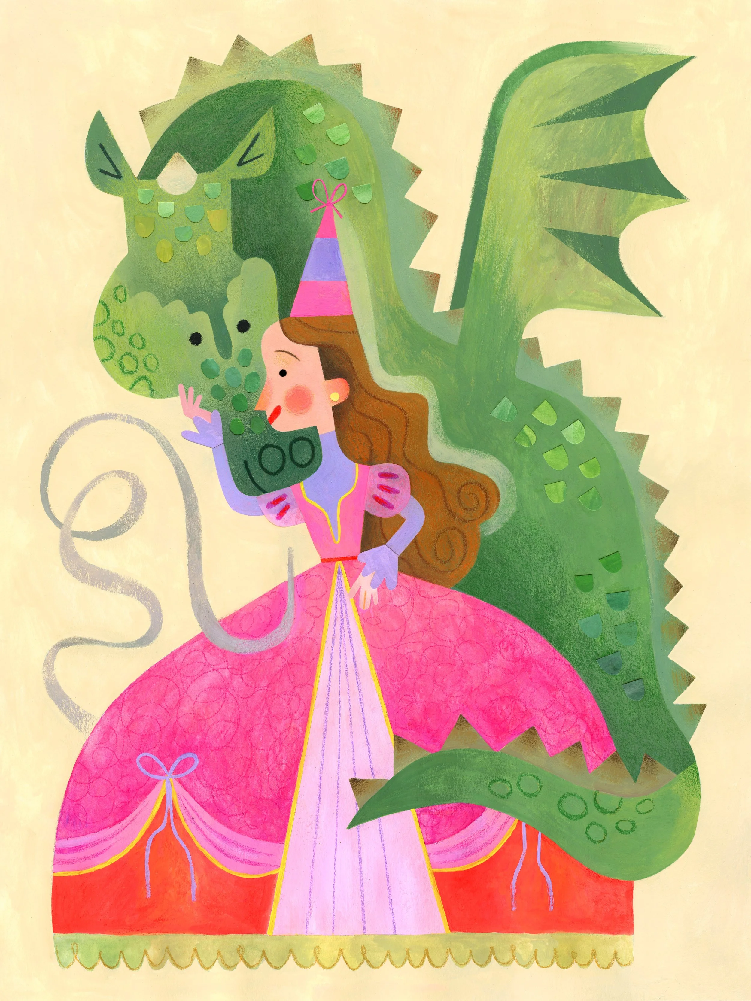 Princess in large pink dress hugging her pet dragon. Medieval Renaissance setting, childrensbook, picture book, illustration, kid lit, friendly green dragon breathing smoke. Freelance illustration