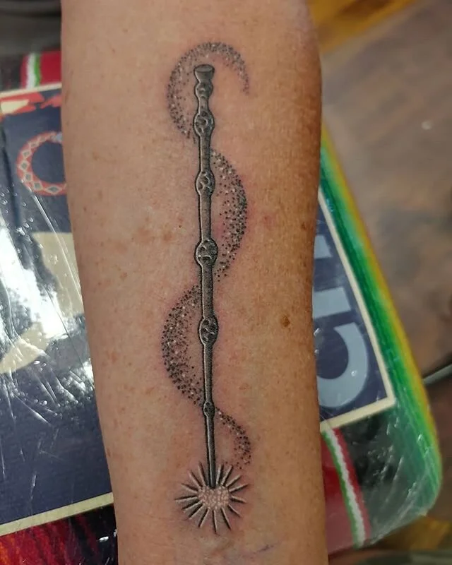 Elder wand tattoo by artist Rudy. Thanks for looking! #dumbledorewandtattoo #eldetwandtattoo #augustatattooartist #csraaugusta #fortgordontattooartist #fortgordontattooshop #evanstattooartist #grovetowntattooartist #waynesborotattooartist #beechislan