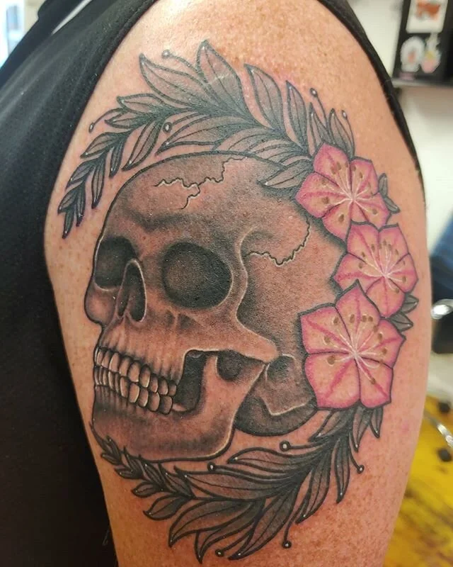 By Artist Rudy. Thank you for looking! #skulltattoodesign #skullandflowertattoo #laurelmountain #augustatattooartist #csraaugusta #fortgordontattooartist #fortgordontattooshop #evanstattooartist #grovetowntattooartist #waynesborotattooartist #beechis