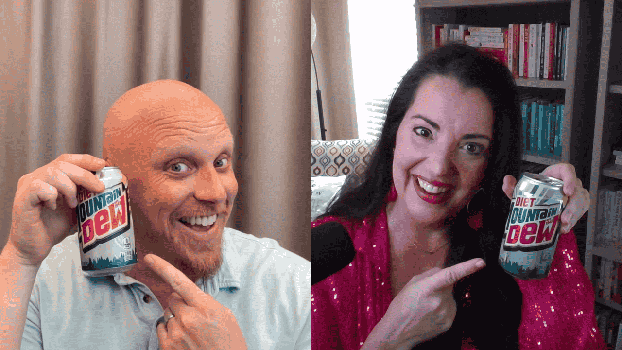 Brian Nelson-Palmer and Rosie Ward smiling and pointing to their cans of Diet Mountain Dew.