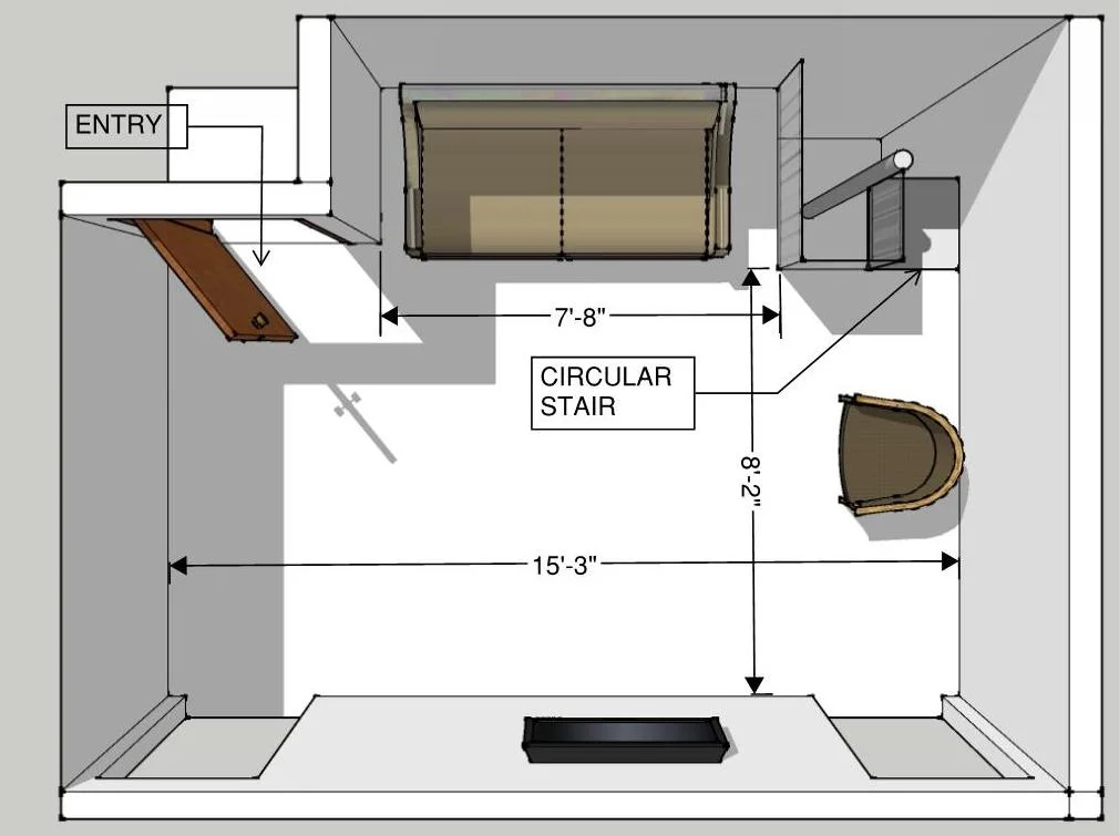 Figure 1: Overhead sketch up image with proposed circular stair in upper right corner.