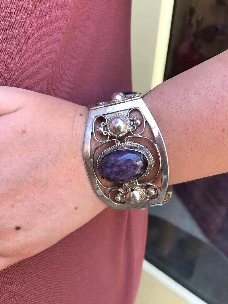 Vintage Mexican Sterling Silver Amethyst Cuff Bracelet