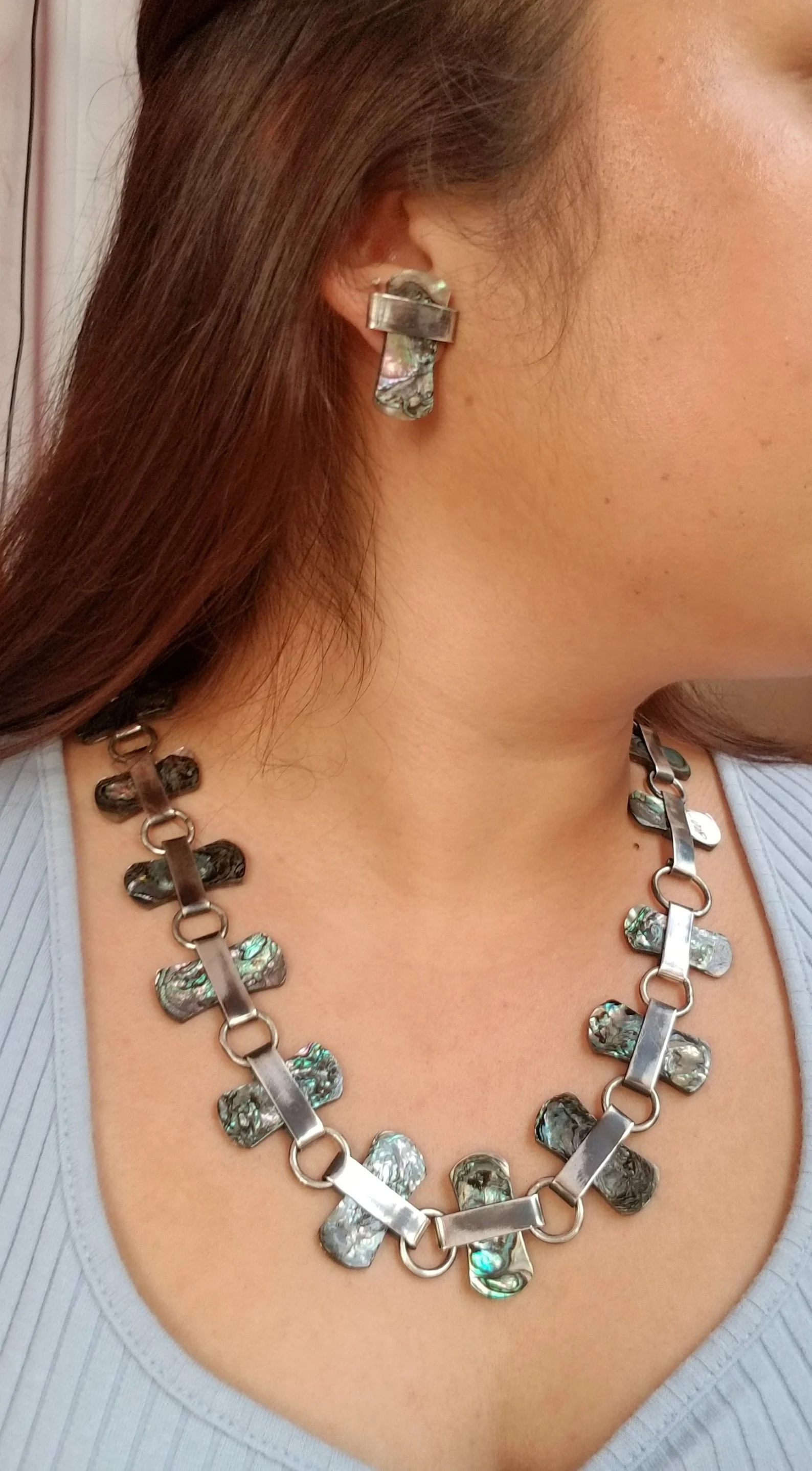 Vintage Style Mexican Mother of Pearl and Sterling Silver Necklace/Earrings