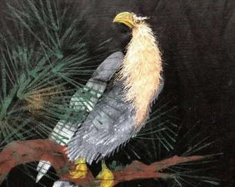 Vintage Japanese Black Silk Obi with Hand Embroidered Painted Eagle