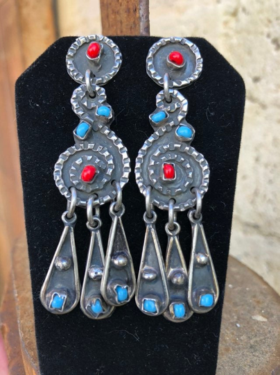 Vintage Sterling Silver and Glass Mexican Dangly Earrings