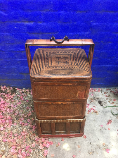Large Antique Chinese Bamboo Wedding Nesting Crates/Tiered Basket