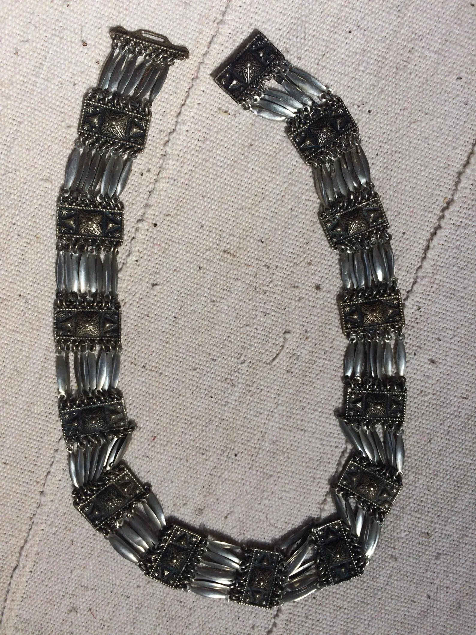 Vintage Mexican Silver Linked Tribal Reposse Necklace or Belt
