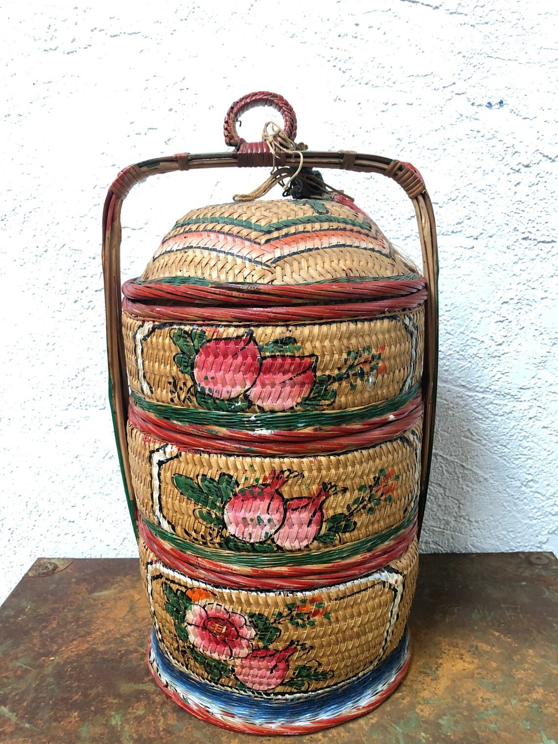 Vintage Antique Chinese Wedding Ceremonial Hand Painted Flower 3 Tiered Basket 