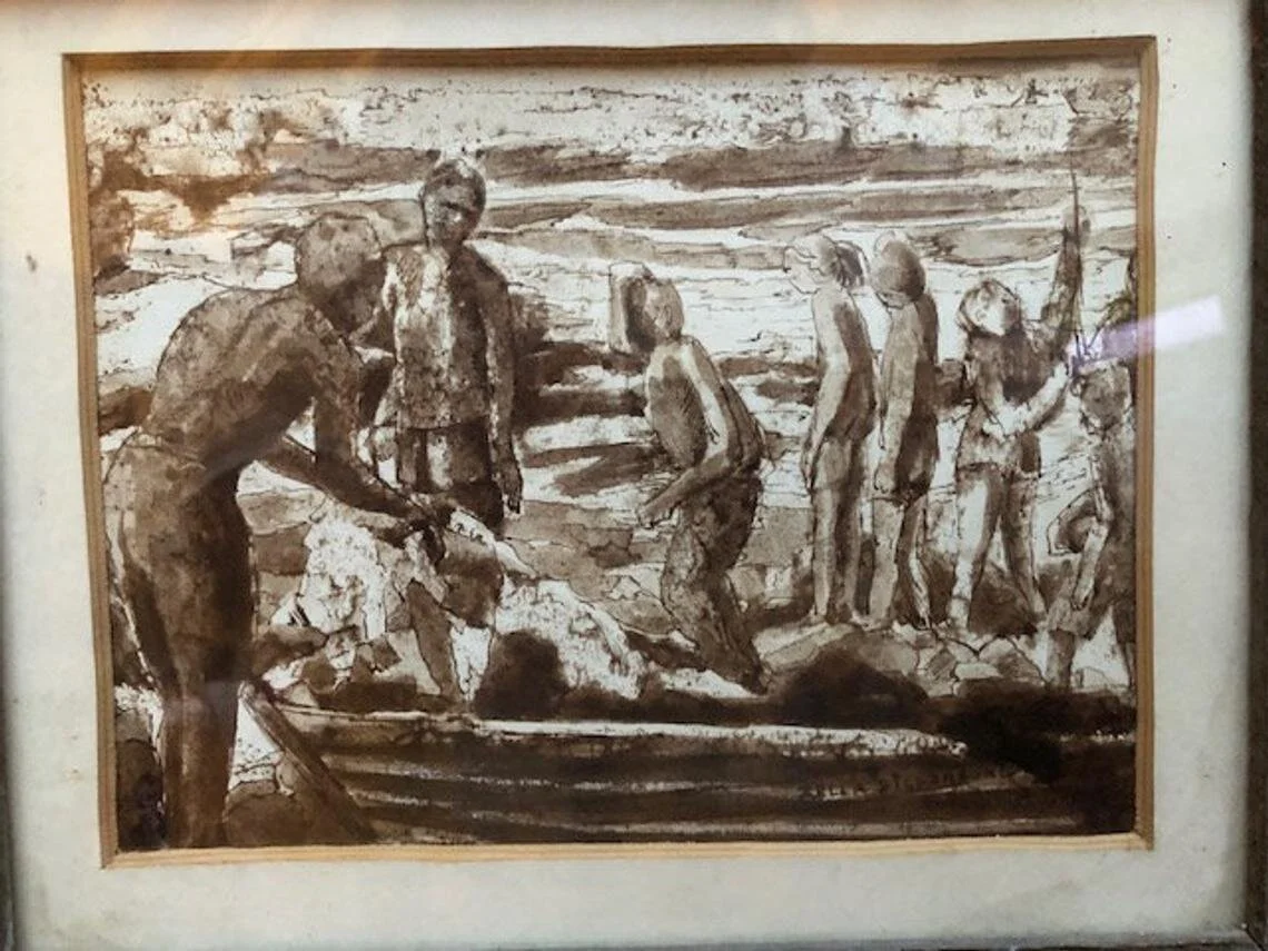  Vintage Mid Century Monochromatic Pen and Ink Drawing by Zella Mae Dickinson