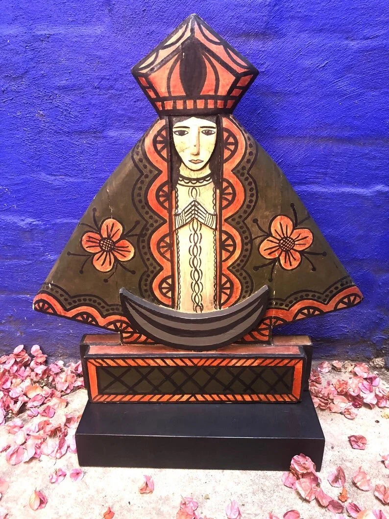 Religious Madonna Figure on Wood Stand