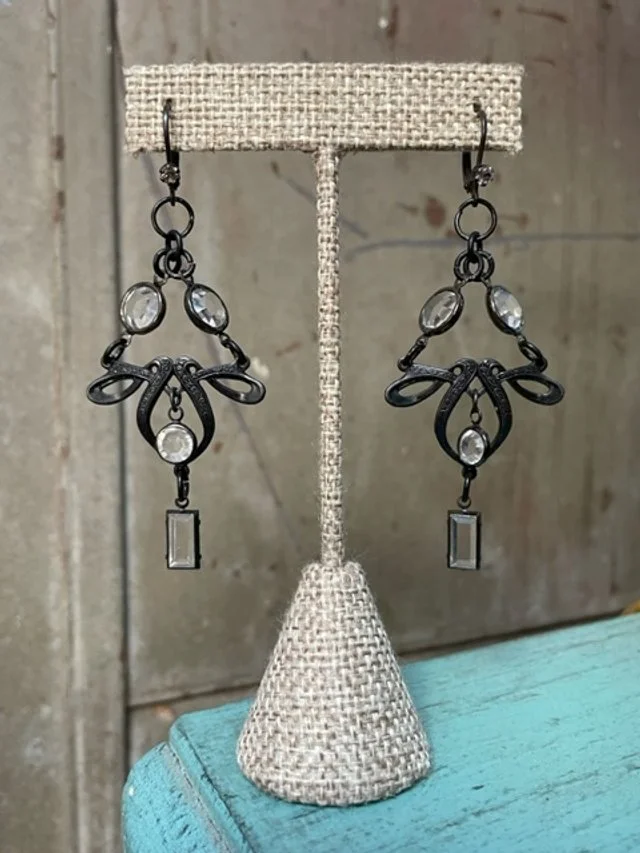 Pair of Black Brass and Crystal Art Nouveau Earrings