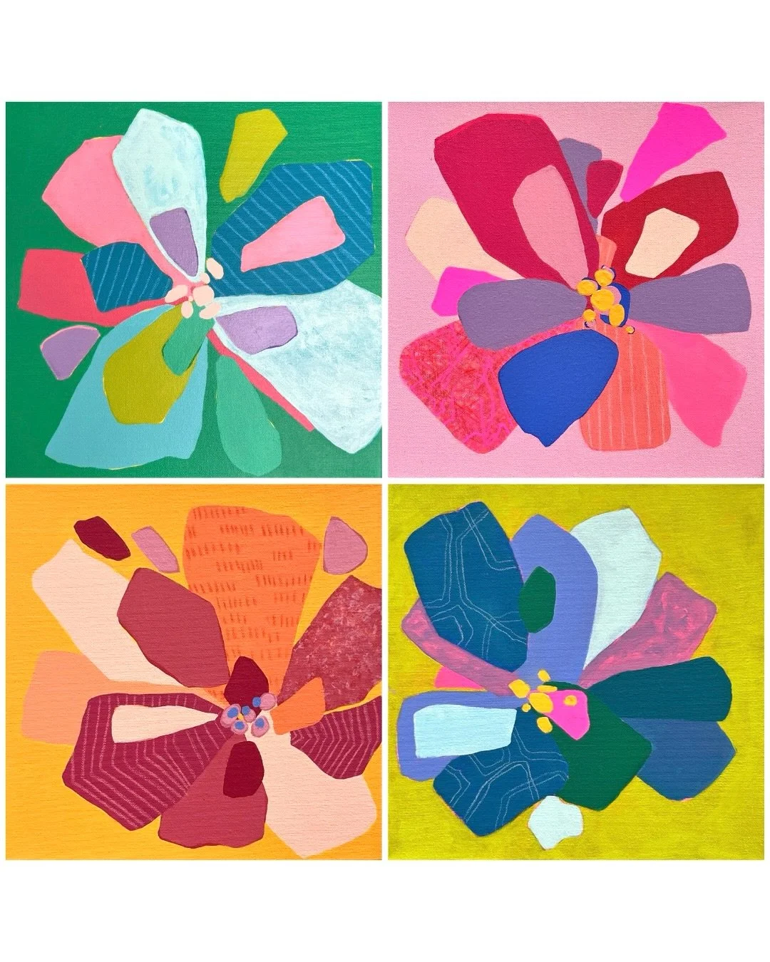 Flower power 🌸🌼 One sold yesterday (through my collectors list 🙏🏼🥰) 3 are available this morning. 
These fun and whimsy florals blossomed through a busy and cold winter. I hope you enjoy them as much as I did when I painted them!