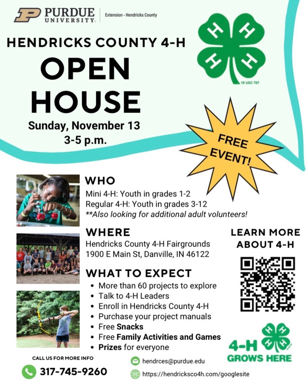 OMM families are invited to the 4-H Open House this Sunday, November 13, 2022 at 3 - 5 pm.  The event will be located at the Hendricks County Fairgrounds.  This will be an opportunity for families to see all the projects that 4-H can offer and other 