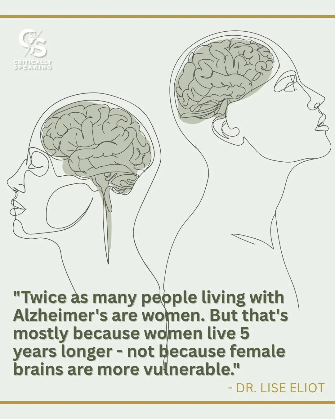 Stop blaming women's brains. Start understanding the actual numbers.

Neuroscientist Dr. Lise Eliot sets the record straight on this week's Critically Speaking.

🎧 Tune in to the full conversation at the link in our bio.

Tags 🏷️
alzheimers, brain,