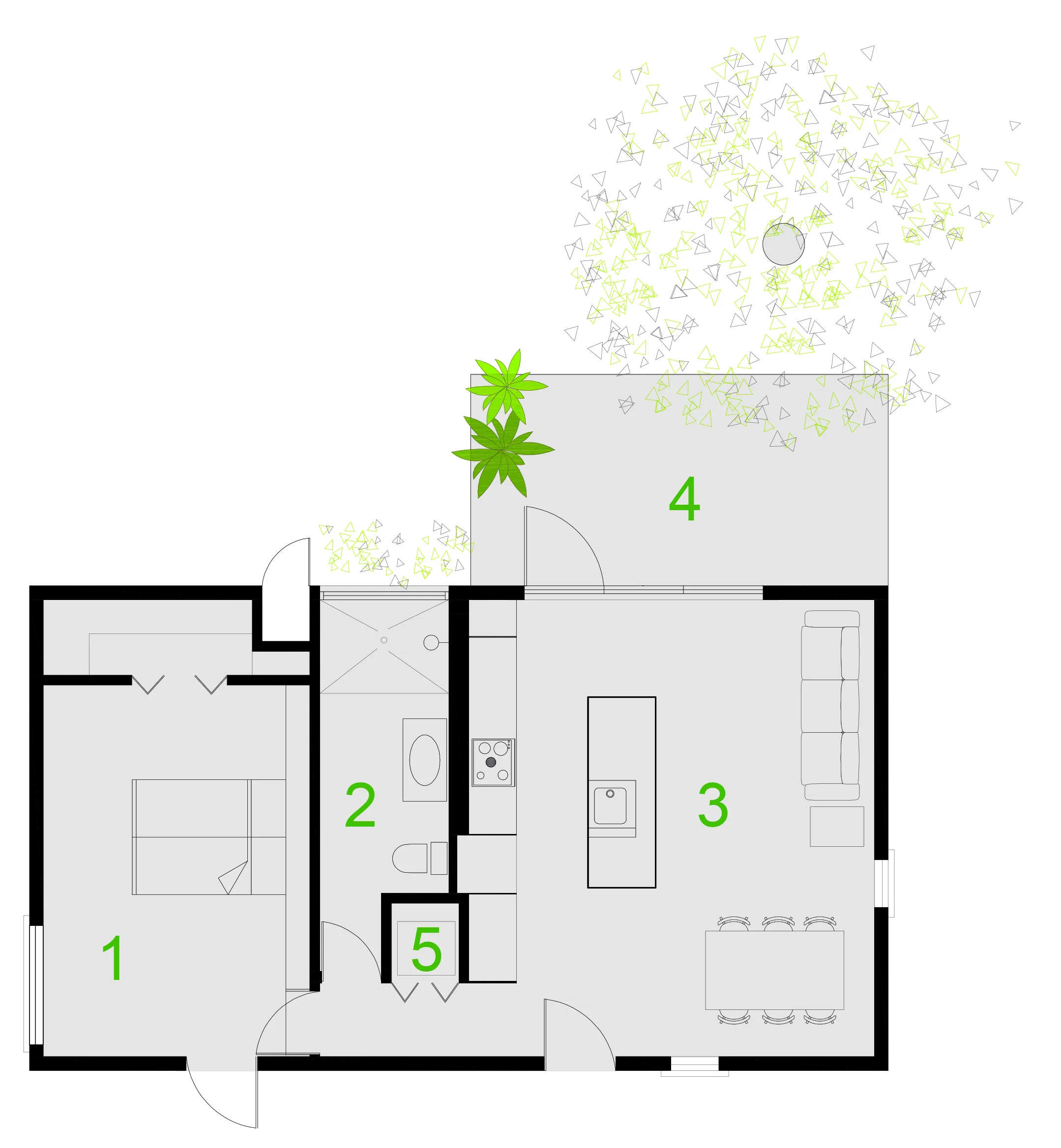 1- BEDROOM . 2- BATHROOM . 3- LIVINGROOM - KITCHEN 4- EXTERIOR DECK . 5- STACKABLE WASHER AND DRYER