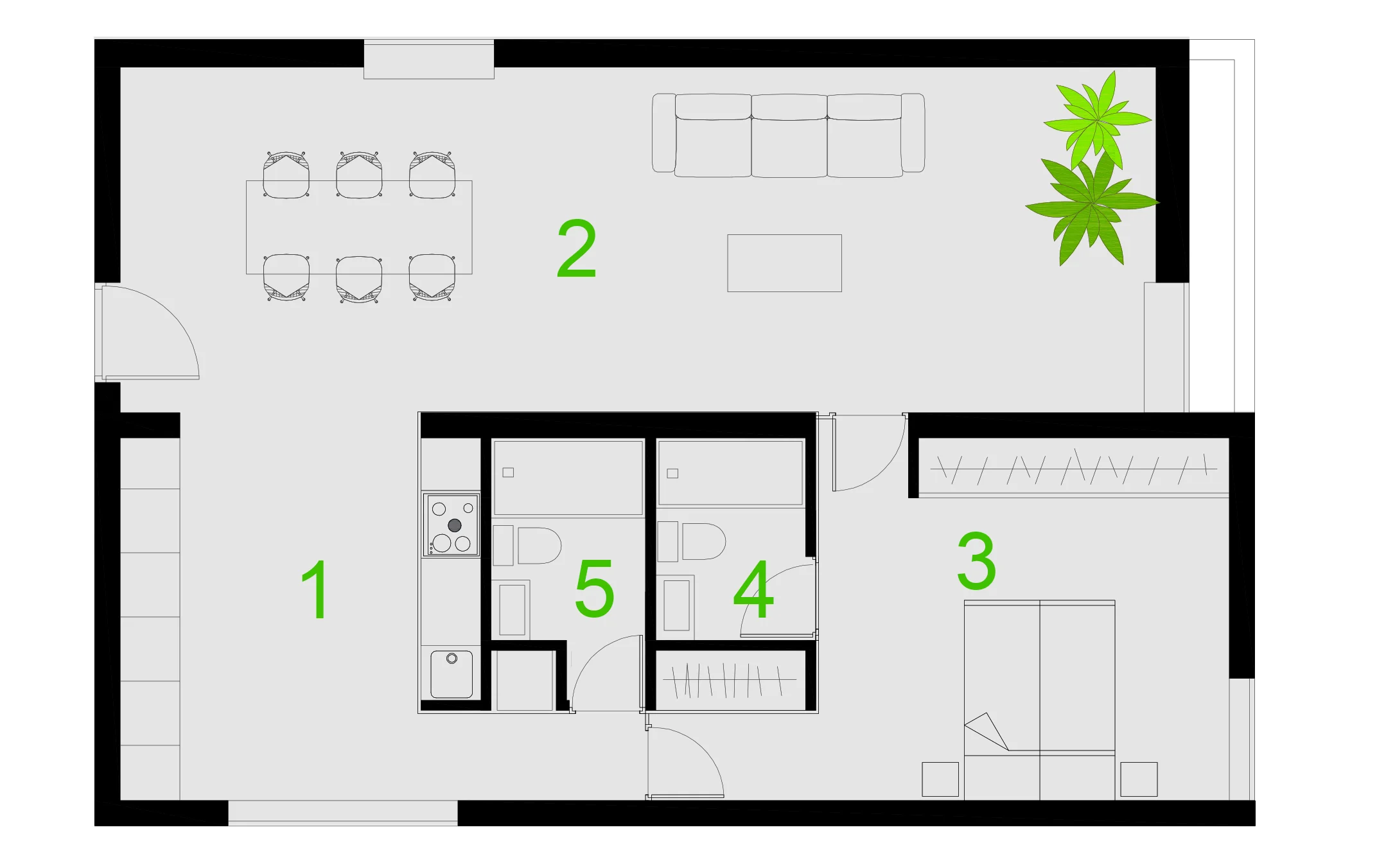 1- KITCHEN . 2- LIVINGROOM. 3-BEDROOM 4- BATHROOM1 . 5- BATHROOM2