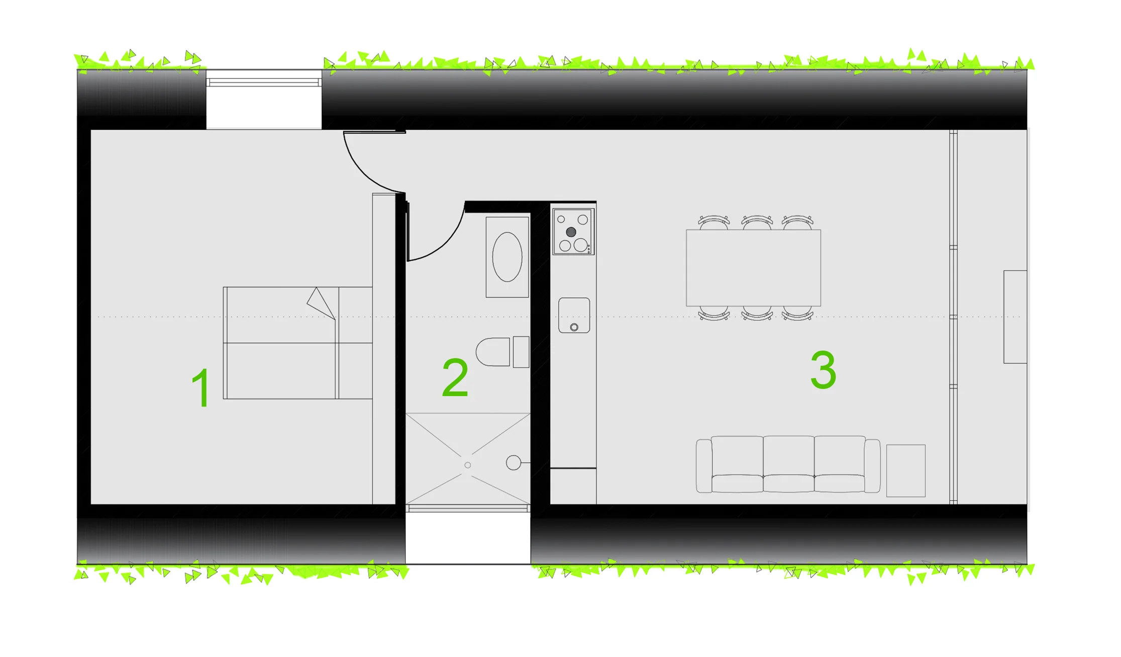 1- BEDROOM . 2-BATHROOM . 3-KITCHEN AND LIVING ROOM