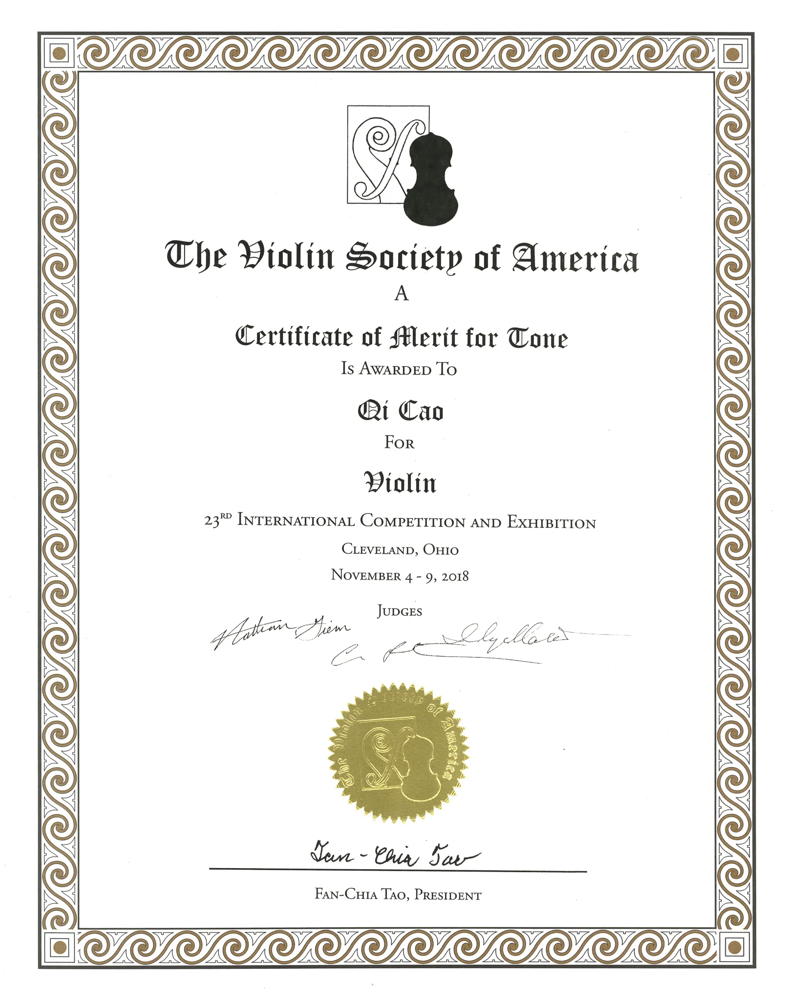 2018 VSA Certificate of Merit for Tone