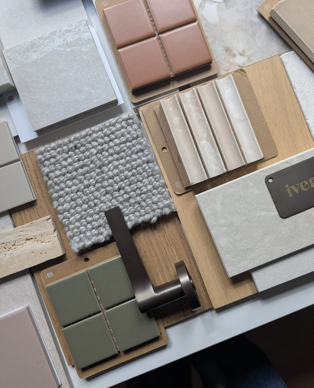 Samples laid out, textures compared, palettes coming to life. There's something about seeing it all together in natural light⁠
⁠
Currently selecting finishes for a beautiful renovation we can't wait to share more of. Stone, timber, tile, textile &mda