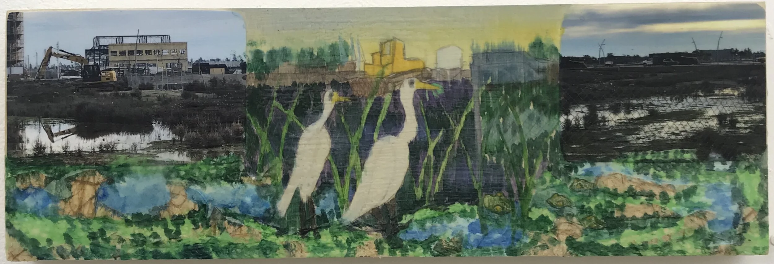 Brooklyn Basin,​ Egrets, collage, photos, watercolor and wax, 6”x18”, 2019.