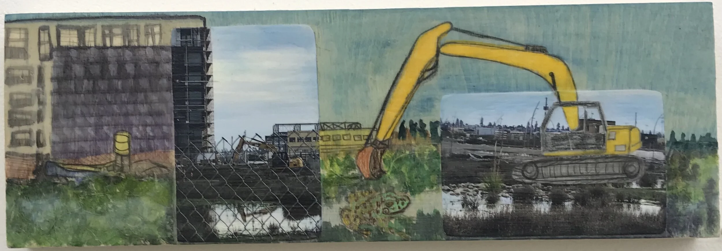 Brooklyn Basin, Tractor​, collage, photos, watercolor and wax, 6”x18”, 2019.