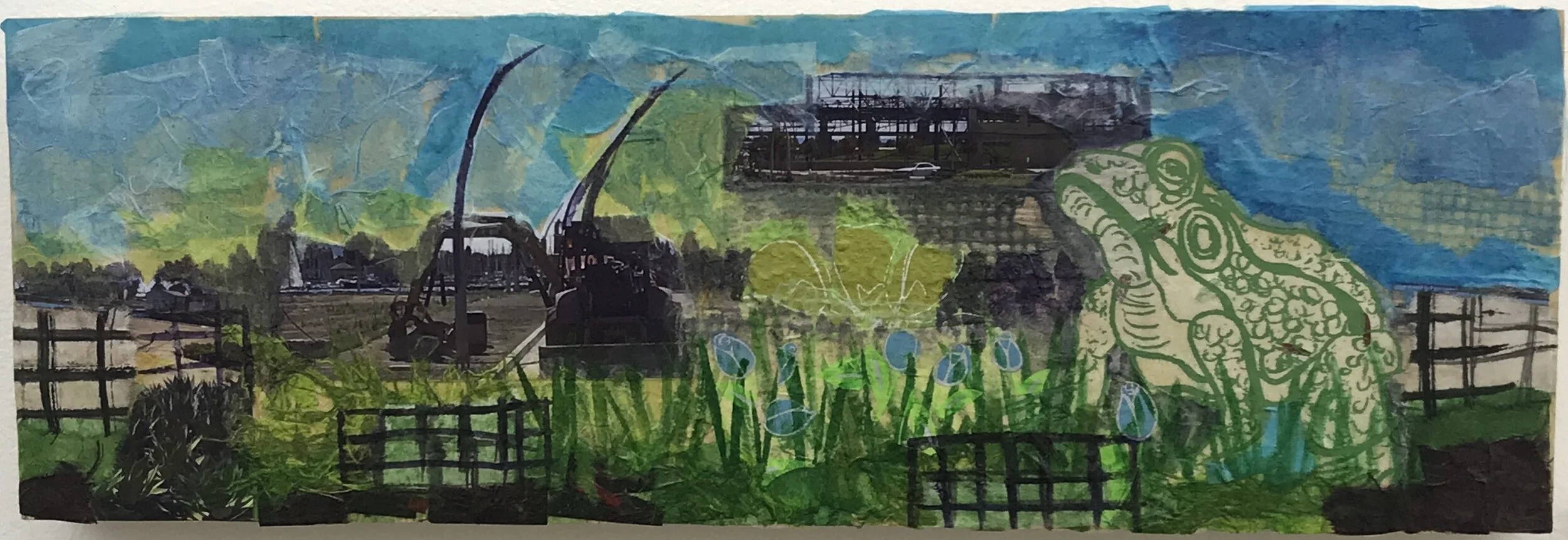Brooklyn Basin,​ Frog, collage, photos, watercolor and mod podge, 6”x18”, 2019.