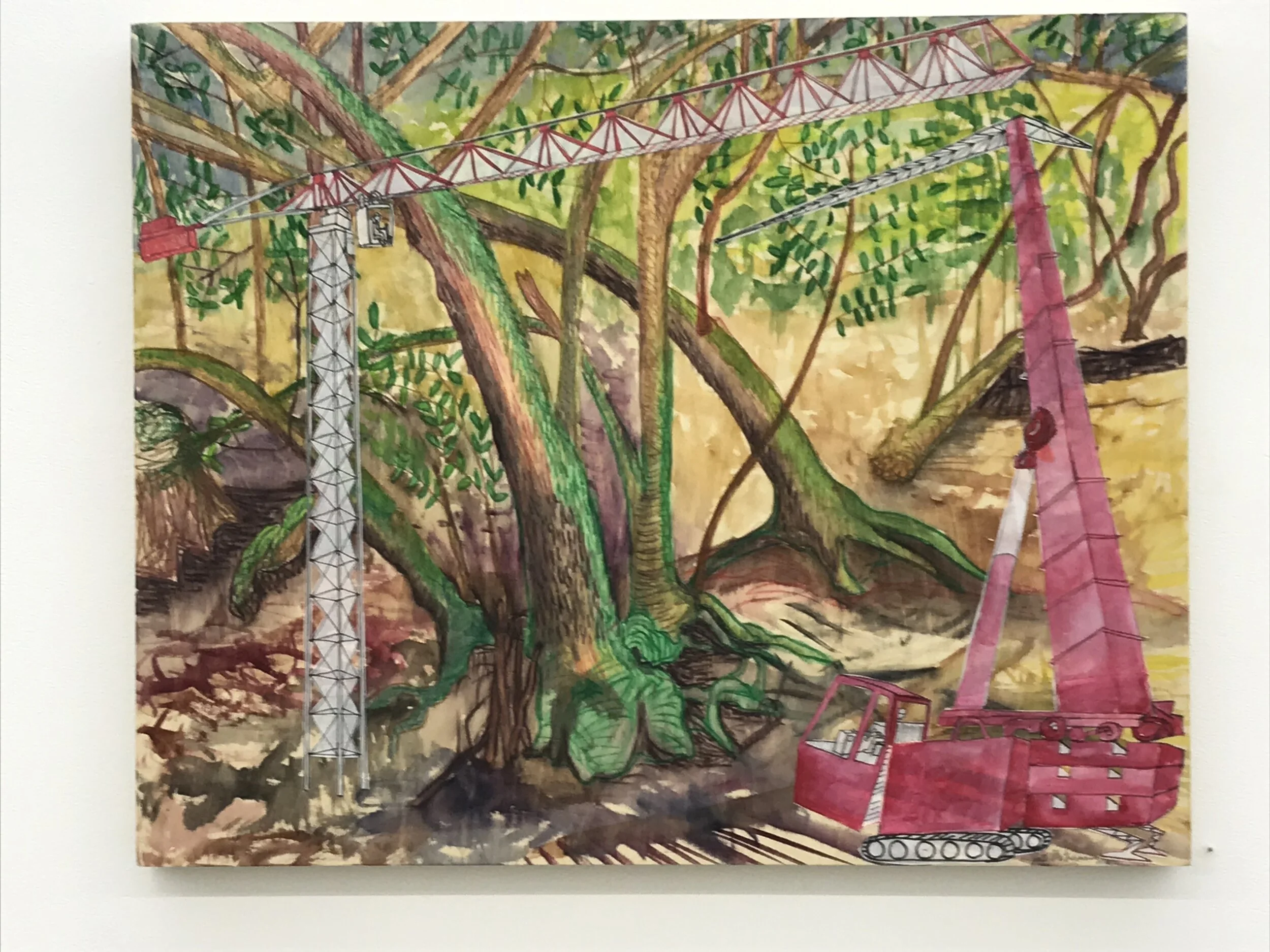 Woods Crane, watercolor, vellum, collage  and paint pens on wood, 24”x30”, 2019. 