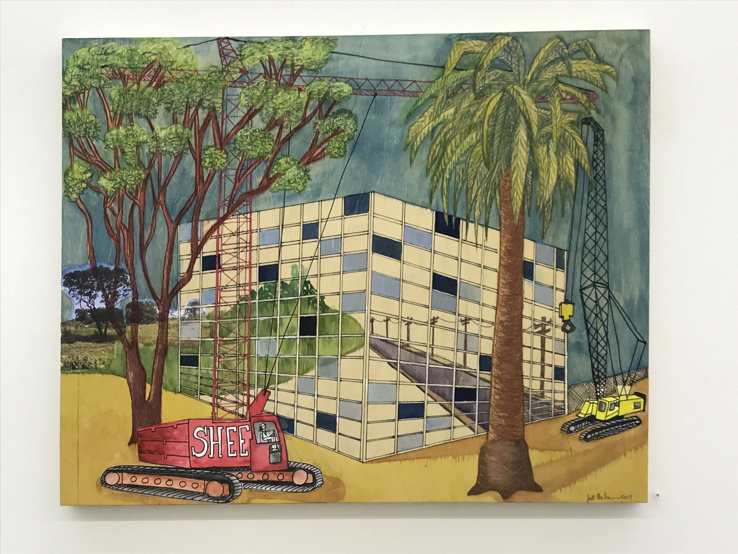 Shee Crane, watercolor, collage and  paint pens on wood, 24”x30”, 2019.  		