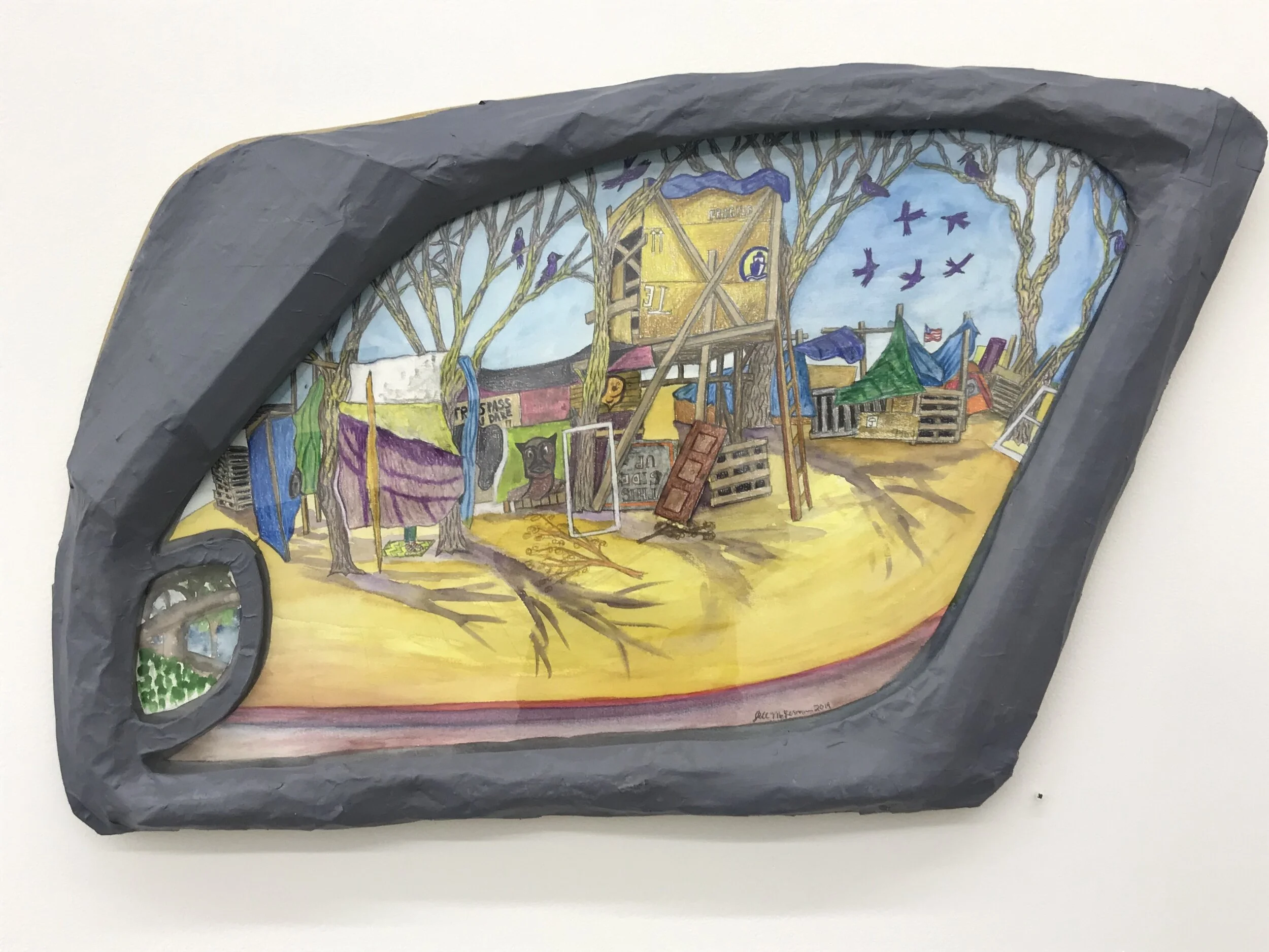 Car Window 2, watercolor, and color pencil, on paper  mounted on wood with plexiglass and a paper mache  frame, 22”x36”, 2019.   		
