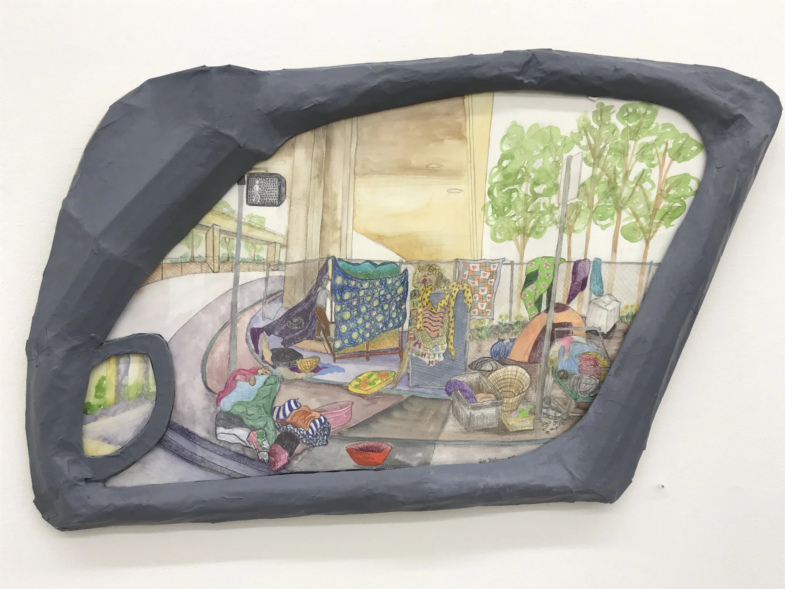 Car Window 1, watercolor, and color pencil,  on paper mounted on wood with plexiglass  and a paper mache frame, 22”x36”, 2019.  