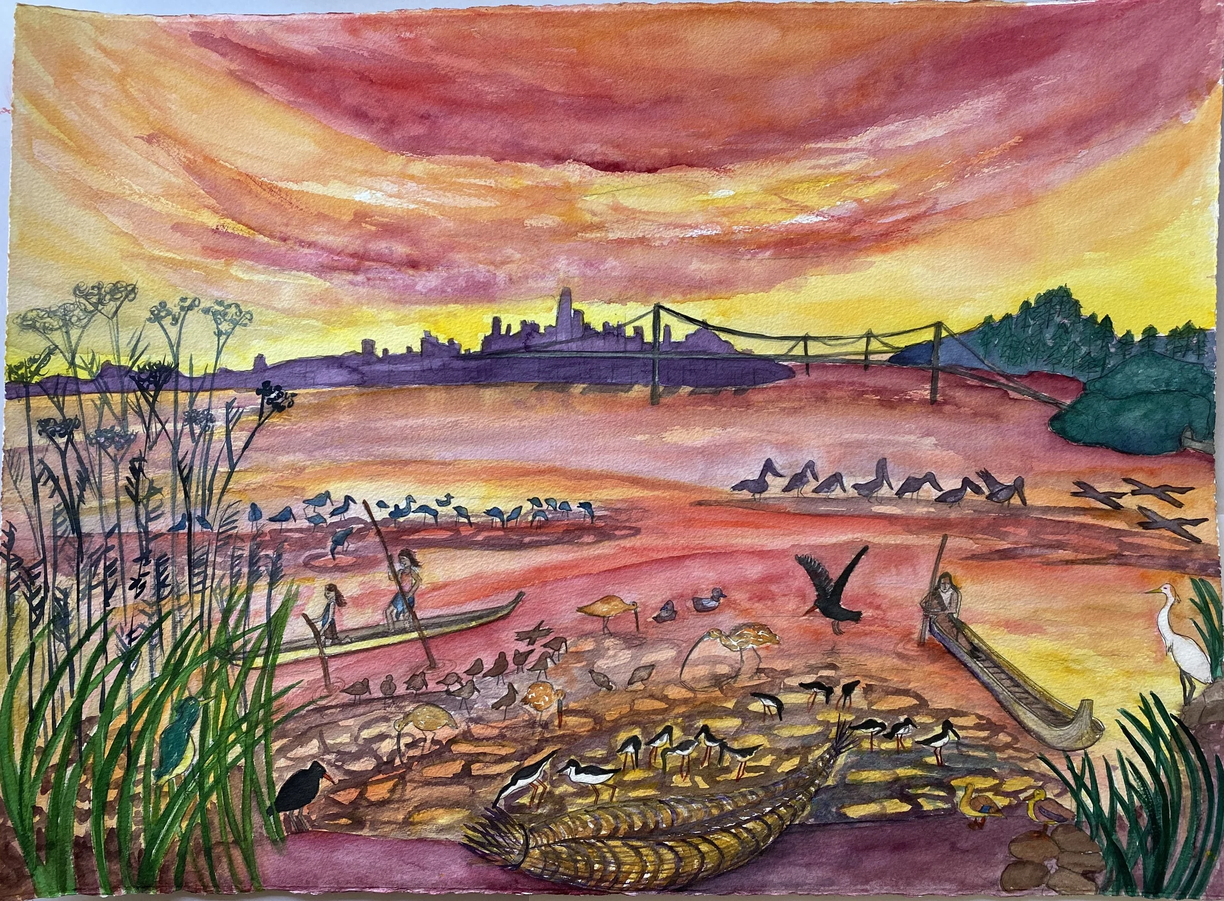 Alameda, Ohlone Land,  watercolor on paper,  framed, 26”x 34”, 2020. 