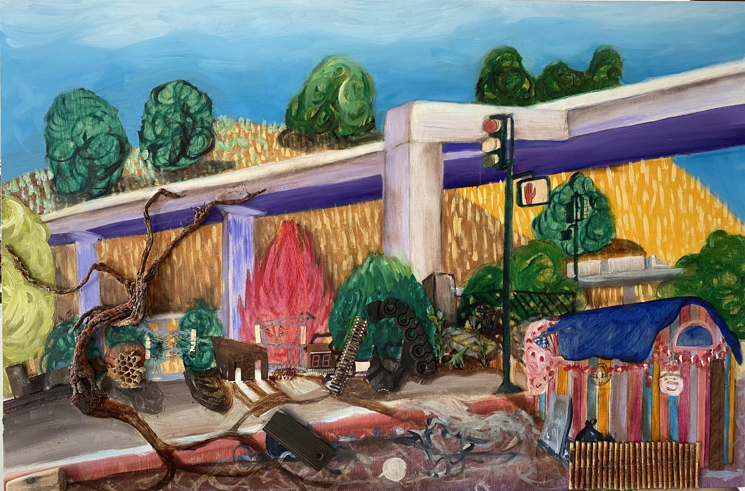  Lower Bottoms, oil on wood  w/ found objects, 24”x 36”, 2020.