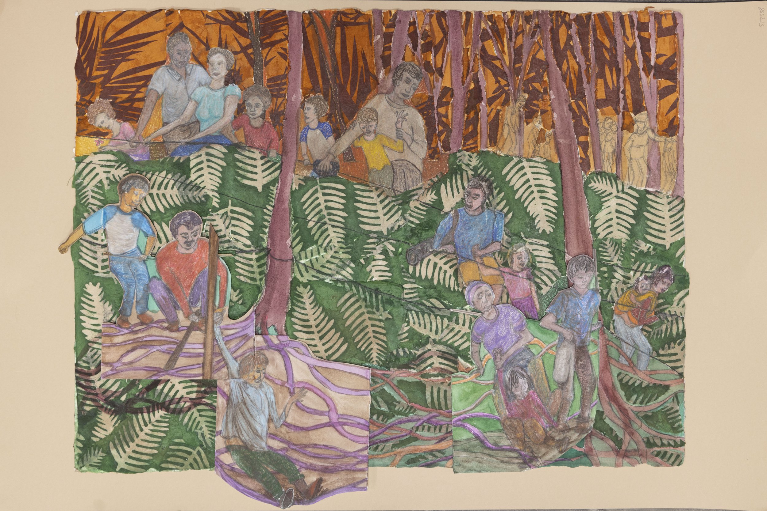 Chutes and Roots,  watercolor, collage, color pencil, 28” x 34”, framed, 2023. 
