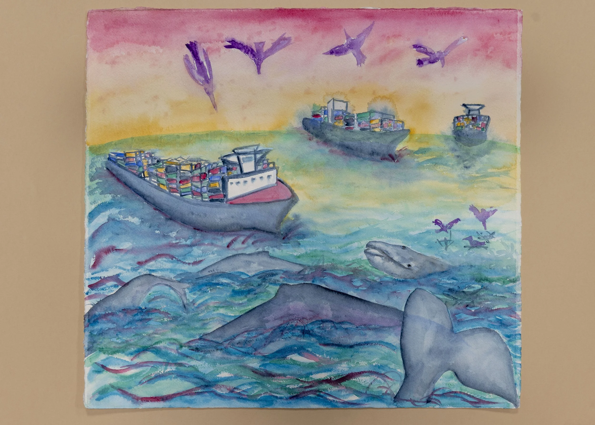 Whales + Shipps,  watercolor on paper, 22”x 24”, 2022.