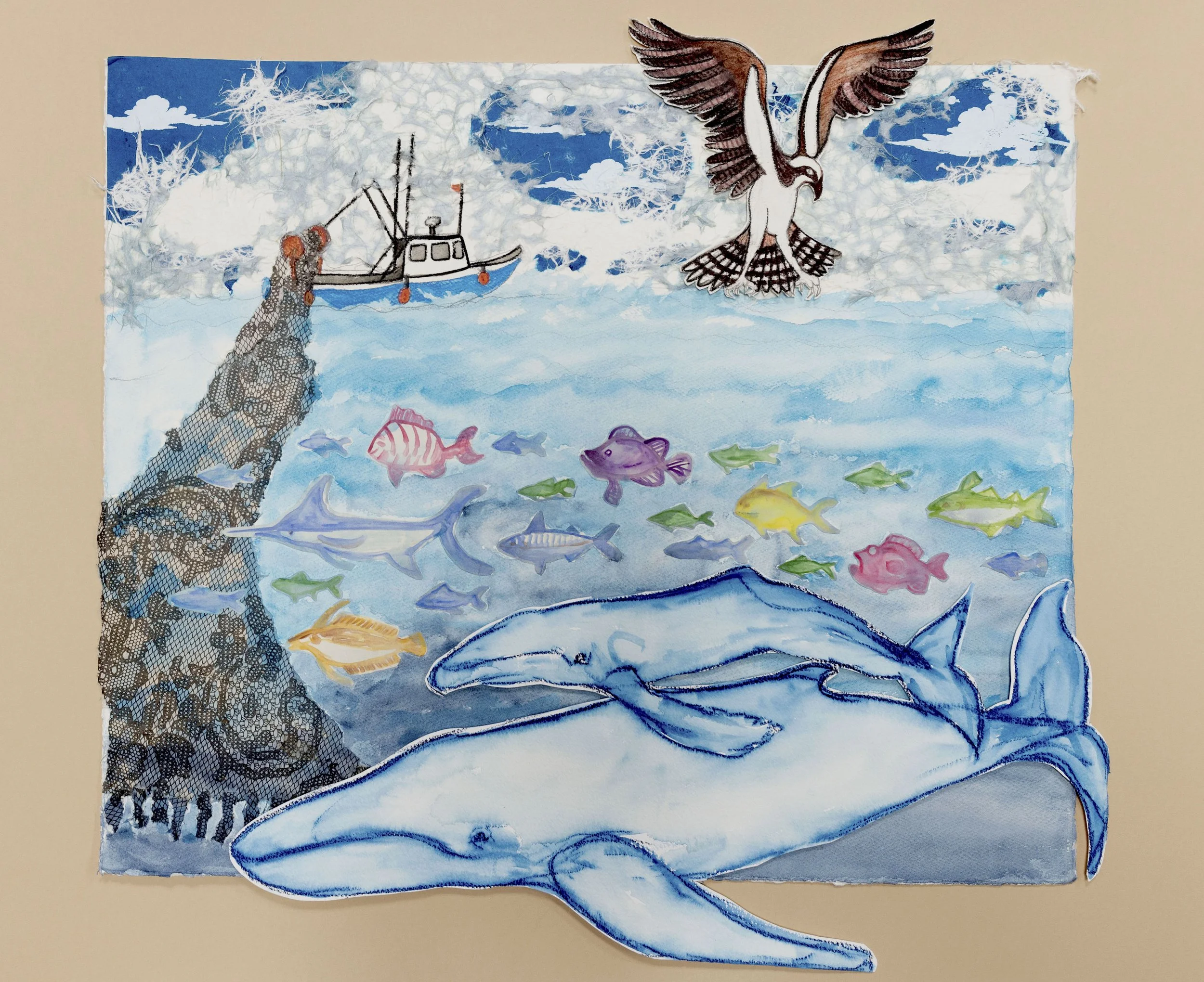 Net Result,  watercolor, collage, color pencil, 26”x 28”, 2023.