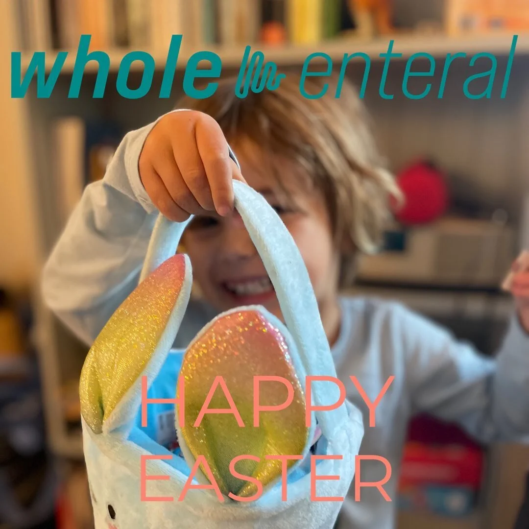 Wishing everyone a Happy Easter and if you don’t celebrate, a relaxing long weekend 🐣🐣🐣
ID: small blonde boy with big smile on his face holding up blue Easter basket, superimposed words “Happy Easter” and “Whole Enteral&rd