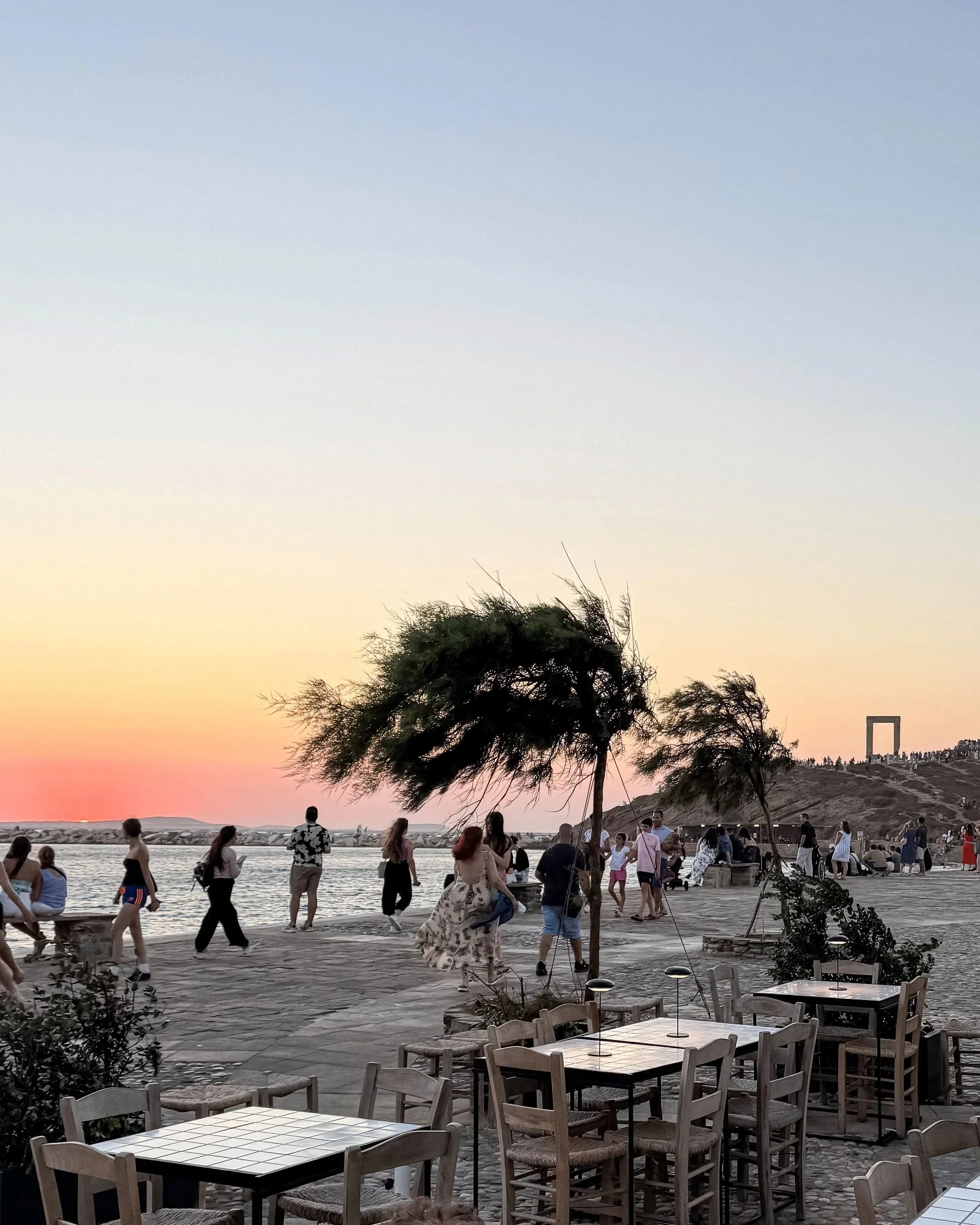 Sunset view near Naxos Apothecary in Naxos Chora near Portara Naxos