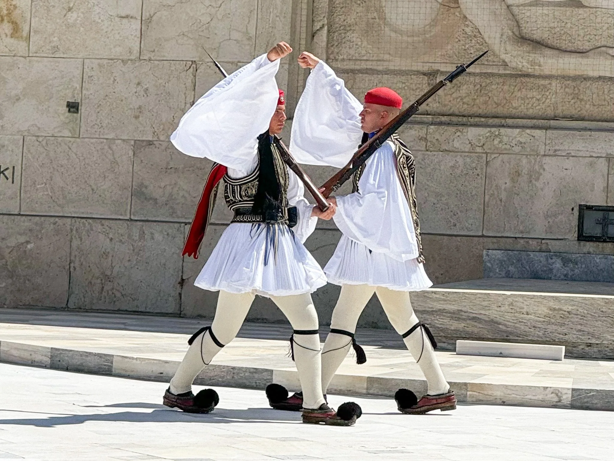 Evzones at the Tomb of the unknown soldier in Athens Greece, in full uniform