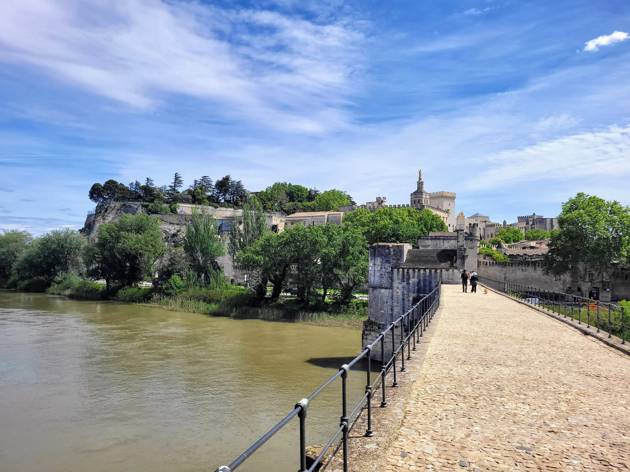 A stone pathway along a river with trees and historic buildings on a hill in the background under a partly cloudy sky.