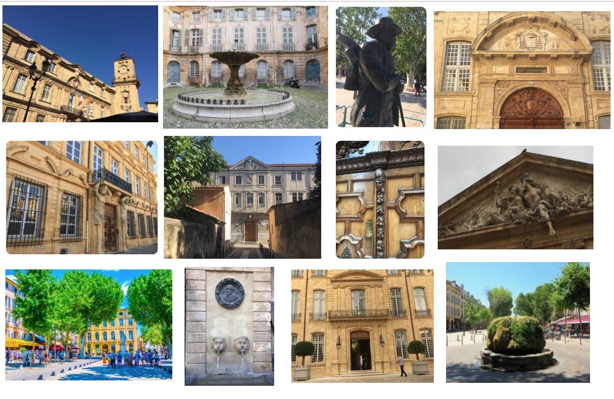 A collage of various historic buildings, statues, and city scenes in France, including architectural details, fountains, and a bustling outdoor area with trees and people.