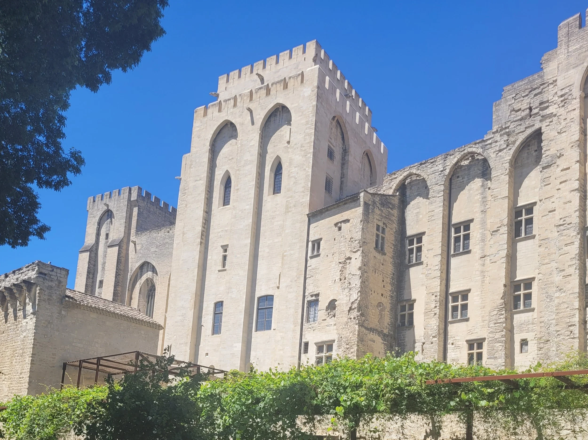 A historic stone castle with tall towers, arched windows, and battlements, set against a bright blue sky with some green foliage in the foreground.