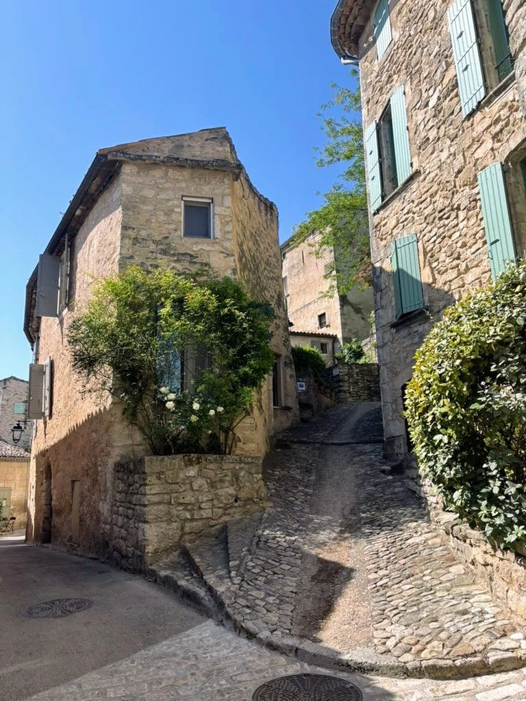 Cobbled street lined with stone houses in Bonnieux, Luberon, Provence, France