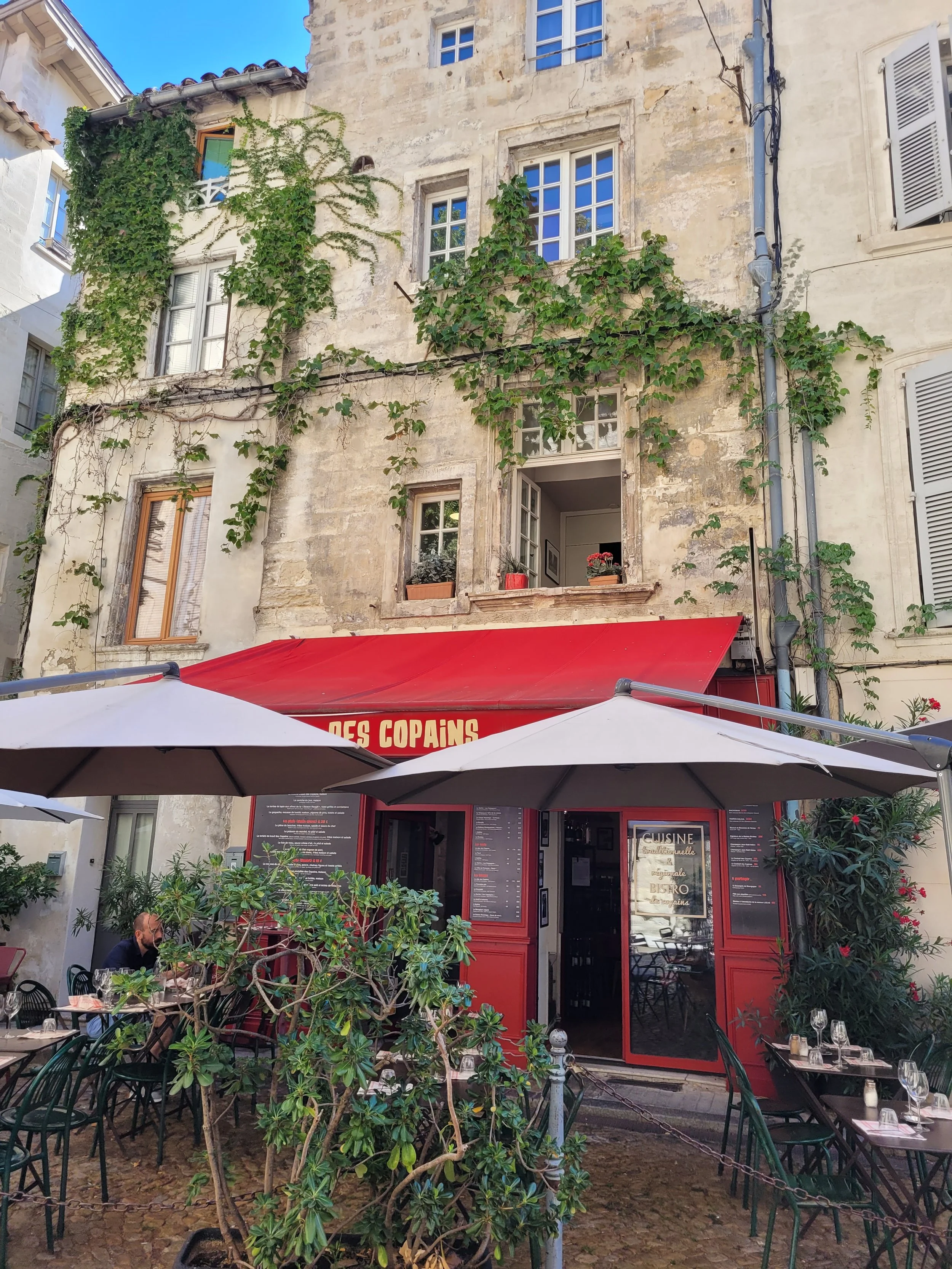 A restaurant with outdoor seating under large umbrellas, in front of a rustic building with green vines and multiple windows.